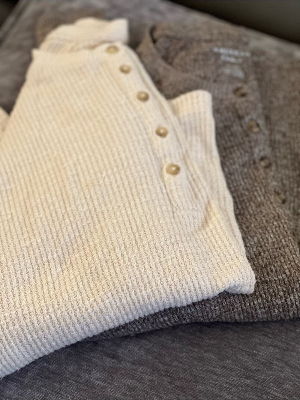 American Eagle Outfitters Brown and Cream Ribbed Henley Long Sleeve Top